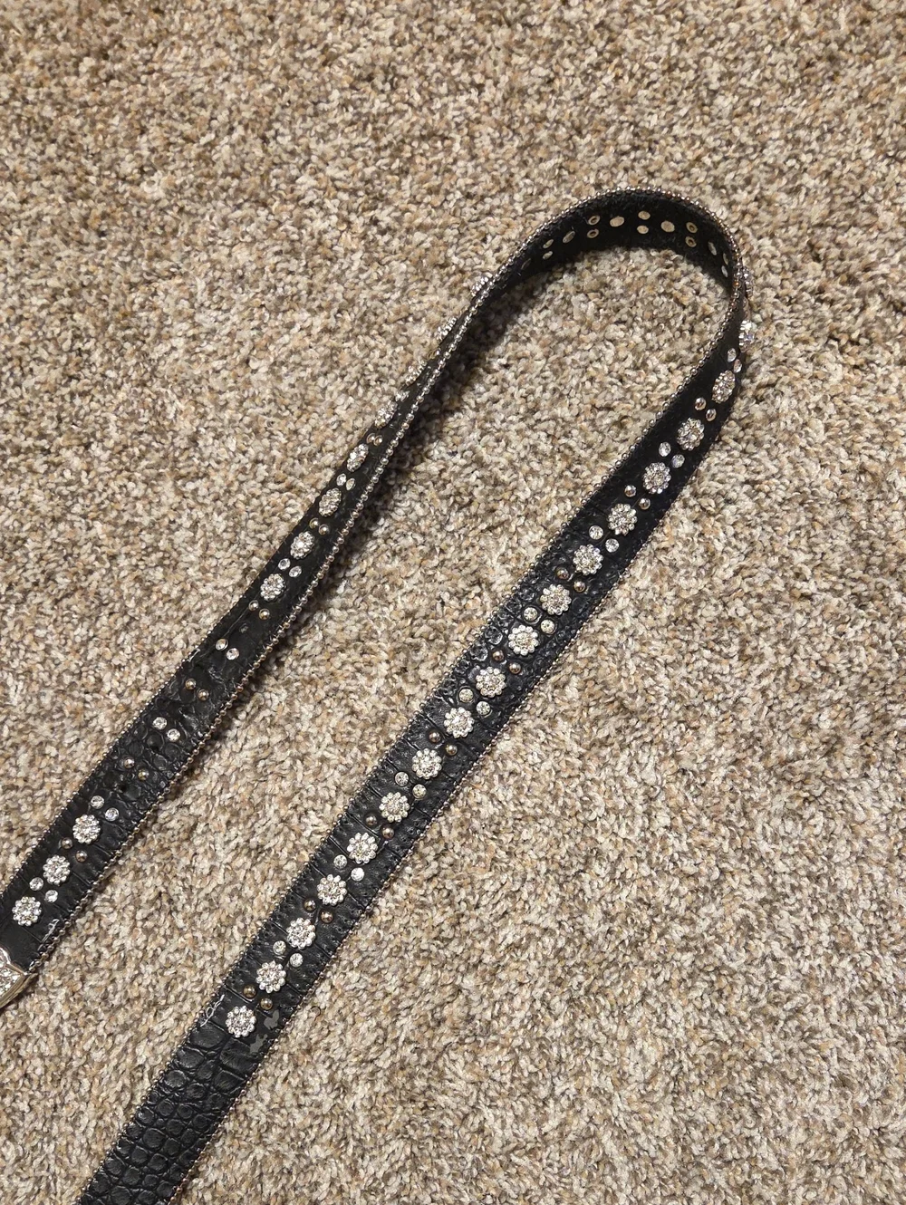 Black Western Belt with Rhinestone Floral Details and Silver Buckle